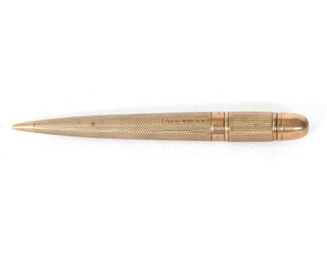 A 9ct gold cased Mordan Everpoint pencil circa 1940, engine turned barrel and engraved one side with the word "Rita" (the bar