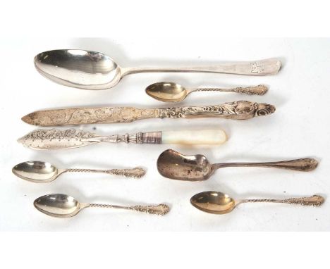 Mixed Lot:  Georgian base mark tablespoon, a George V long handle caddy spoon with shovel shape bowl, Sheffield 1922, four Vi