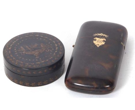 Mixed Lot: An antique tortoiseshell cigar box inset with initialled shield and garland of flowers together with a round trink