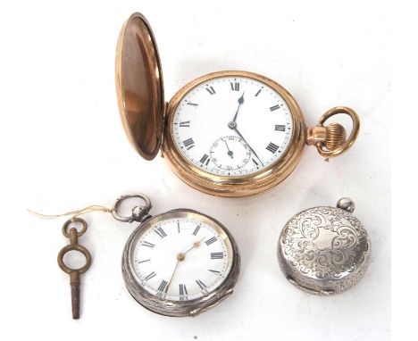 Two pocket watches and a silver coin fob, one of the pocket watches is white metal and is stamped inside the case back 0.935,