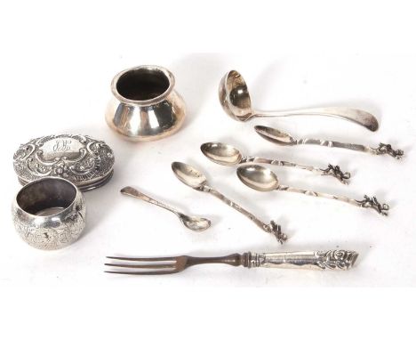 Mixed Lot:  Two hallmarked silver lids and a serviette ring engraved "Brian", a silver ladle, Sheffield 1906 with mustard spo