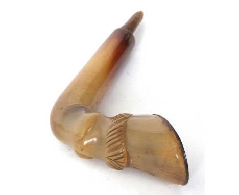 An antique carved horn, horse hoof walking stick handle, 12cm long