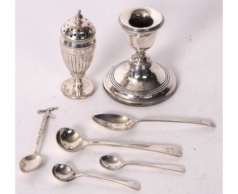 Mixed Lot:  A single silver small dressing table stick, a Georgian silver mustard spoon, two small hallmarked condiment spoon