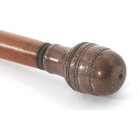 A vintage cut down stick with bamboo shaft with screw off acorn shaped top, revealing a screw lidded glass lined reservoir, t