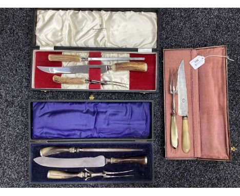 George Wood &amp; Co (Sheffield) Three Piece Carving Set, horn handles, in original fitted case; Together with Another Three 