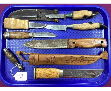 Finnish Hunting Knife, detail to blade, signed, Inox, overall length 26.5cm, leather sheath; Swedish Barrel Knife; further hu