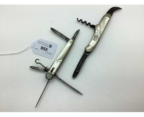 A Two Blade Folding Pocket Knife, mother of pearl scales (cracked), blades stamped "I.XL George Wostenholm" with corkscrew (9