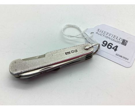 Multi Tool Folding Pocket Knife, hallmarked silver scales, Mappin &amp; Webb, Sheffield 1925, including scissors and button h
