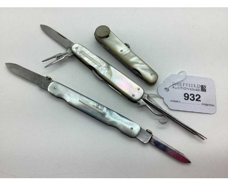 A Pipe Smoker's Folding Pocket Knife, mother of pearl scales (blades incomplete) (7.2cm closed); A Two Blade Folding Pocket K