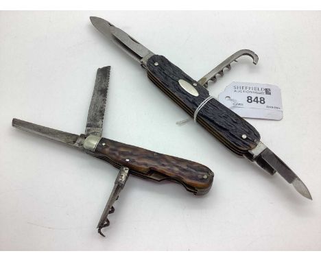 Multi Tool Folding Pocket Knife, stag scales, blade stamped "Brookes &amp; Crookes", including hoof pick, corkscrew, button h