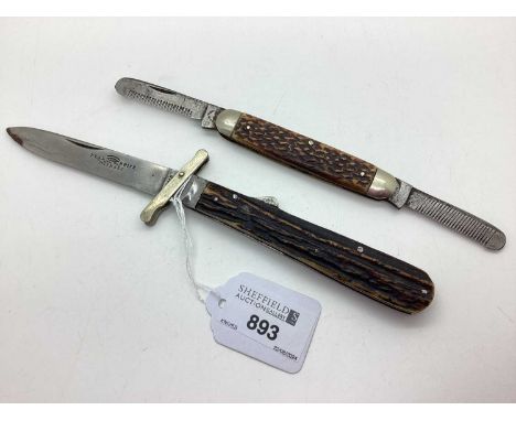Single Blade Folding Knife, stag scales, back lock and a hinged finger guard, blade stamped "Taylor Sheffield" "Real Witness 