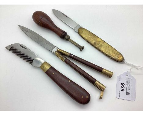 Beard / Moustache Comb, decorative stamp, folding knives.
