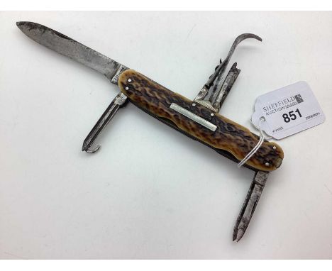 Combination Multi Tool Folding Pocket Knife, blade stamped "I.XL George Wostenholm", including corkscrew, button hook, pick (