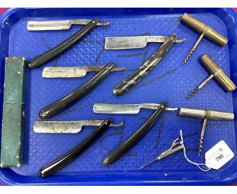 Cutthroat Razors, including Joseph Rodgers etc (rust); A Novelty Miniature Folding Knife Tie Clip; corkscrew / tools.
