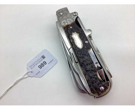 Stan Shaw (Sheffield) Exhibition Style Eleven Blade Folding Knife, to include scissors, saw, file, corkscrew, etc, stag scale