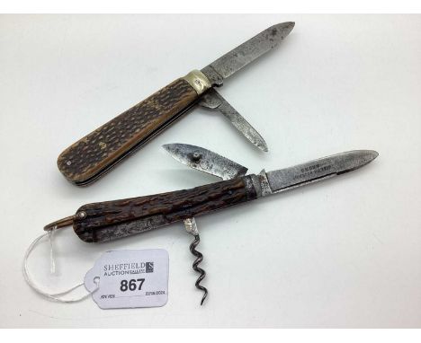 Two Blade Folding Pocket Knife, stag scales, blade stamped "Joseph Rodgers &amp; Sons No 6 Norfolk St", including corkscrew (