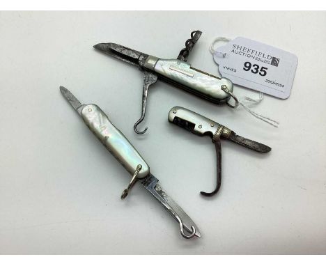 A Miniature Two Blade Folding Pocket Knife, mother of pearl scales (rust) (3.4cm closed); A Small Two Blade Folding Pocket Kn
