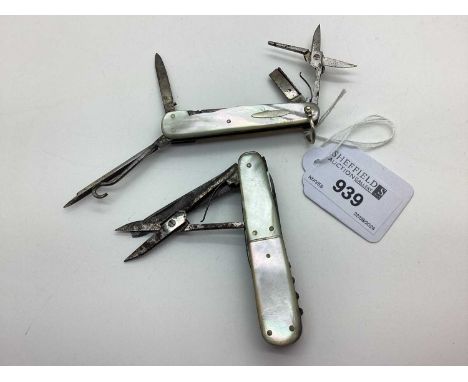 Multi Tool Folding Pocket Knife, mother of pearl scales, blade (damaged / incomplete) stamped "Joseph Westby Sheffield", incl