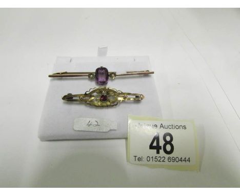 A vintage amethyst and pearl 9ct gold bar brooch and a Victorian 9ct gold and garnet bar brooch