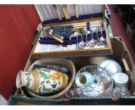 Cutlery in Case, stoneware cooking pot, ceramics, glassware, hip flask, etc:- One Box