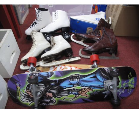 A Pair of Vintage Brown Ice Skates "Polar Werke A.G Remcheid" to Blade, a similar white pair, in fitted bag, a pair of modern
