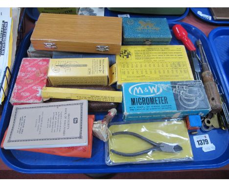 Moore and Wright Micrometer, star watch back remover in case, Bergeon brass bushes, drill bits, allen keys, watch keys, Berge