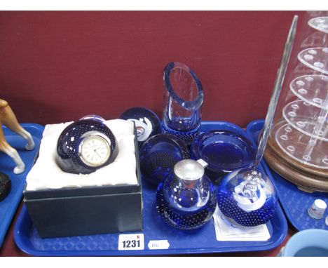 Caithness Glass, to include paperweights, inkwell, pen holder, clock and vase, etc:- One Tray