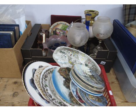 Glass, Brass &amp; Ceramic Table Lamps, pottery horses, collectable plates, musical decanter, glass decanter, etc;- Two Boxes