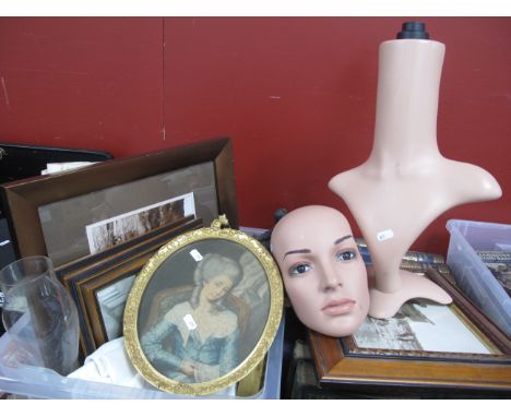 * WITHDRAWN * Framed Prints and Photographs, vintage ice skates, damask tablecloth, mannequin head and shoulders:- One Box