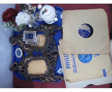 A Pair of Bronzed Photograph Frames, plated photograph frames, Viners, Stuart Devlin wine cup etc, four 78 records:- One Tray