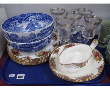 Royal Albert 'Old Country Roses' Plates, Dishes, Gravy Boat, pair of Copeland Spode 'Italian' blue and white bowls, wine glas