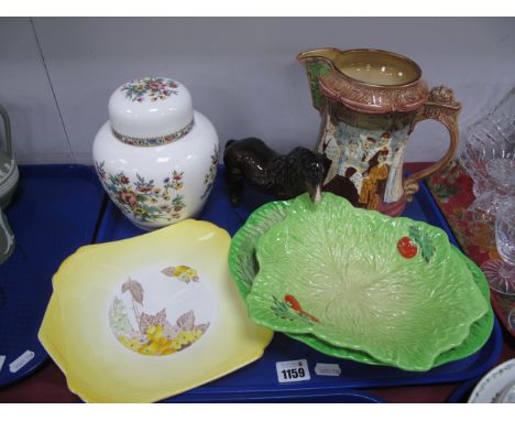 Shelley Art Deco Bread Plate, Beswick Shetland pony and salad dishes, Burleigh 1953 Coronation jug, Coalport ginger jar:- One