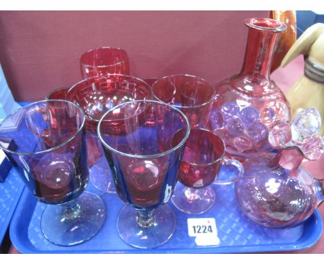 A Pair of Amethyst Glass Goblets, on clear glass knopped stems and circular feet, cranberry glass oil bottle, dimpled decante