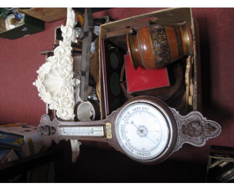 An Oak Cased Barometer, tray, book trough, etc:- Two Boxes.