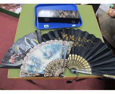 Ladies Fans, ebonised box, with mother or pearl inlay, ladies parasol with a bamboo handle.