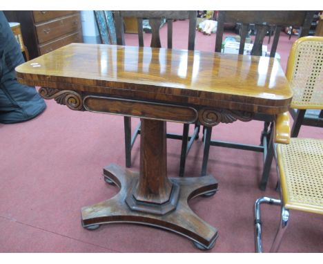 A XIX Century Rosewood Card Table, with a gold over top, chamfered pedestal, on a quarter foil base, 92cm wide