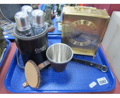 Four Stainless Steel Hunting Beakers in Vintage Case, Grants three bottle travelling set, Acctim clock