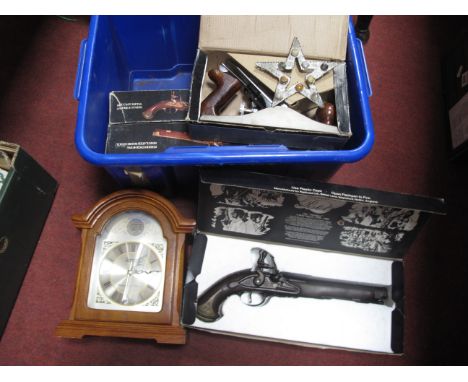 Tempus Fugit Mantle Clock, Blackspur smoothing plane,  three Replicas flintlock replica pistols:- One Box.