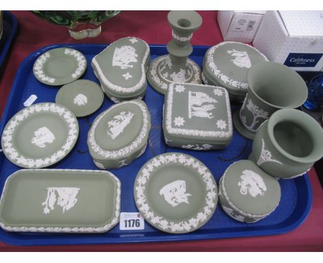 Green Wedgwood Jasper Pottery, including candlestick, five lidded boxes, vases, pin trays (13):- One Tray