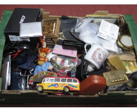 Travel Clocks, Corgi  Bedford coach, brass clock, postcards, sunglasses, cigarette cases, 1902 enamelled mug, piano roll, Dis