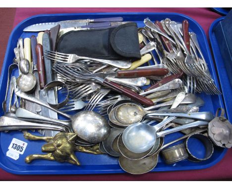 One Silver and Two Plated Napkin Rings, cutlery knife, brass fox head door knocker, medal, etc:- One Tray.