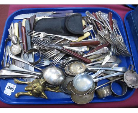 One Silver and Two Plated Napkin Rings, cutlery knife, brass fox head door knocker, medal, etc:- One Tray.