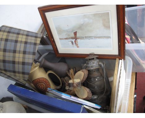 A Hurricane Lamp, plates artists pencils, lamp, etc:- One Box.