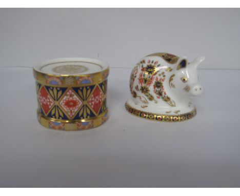 Royal Crown Derby Paperweight 'Piglet', gold stoppered, 4.5cm high, (1st quality), drum and two drumsticks.