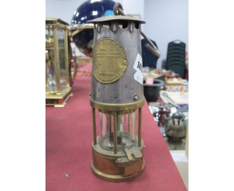 Miners Lamp Protector Lamp &amp; Lighting Co, Eccles, 24cm high with handle down.
