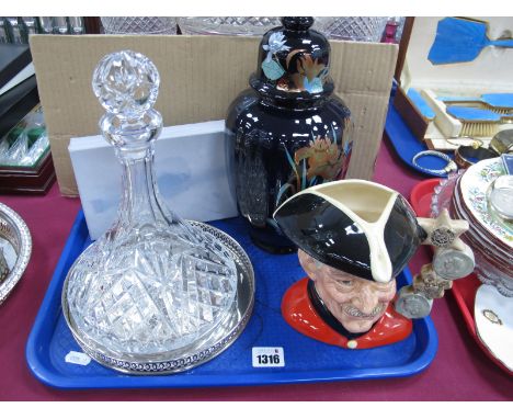 Glass Ships Decanter, on tray. Doulton 'Chelsea Pensioner' character jug. Italian lidded jar, cigar cutter set.