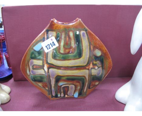 Poole Pottery Delphis 'Packet of Crisps' Vase, shape 90, with Aztec design on mottled orange ground, printed factory mark and