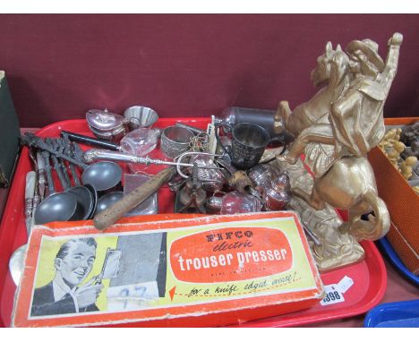Six Continental Soft Metal Spoons with Figural Finial's, optics, cavalier figure, 24cm high, toasting fork, etc:- One Tray.