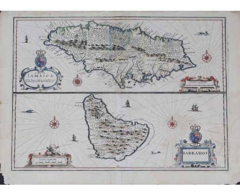 [Map of JAMAICA]: Speed, J: A Map of Jamaica [on sheet with] Barbados, Thomas Bassett &amp; Richard Chiswell [1676], hand-col