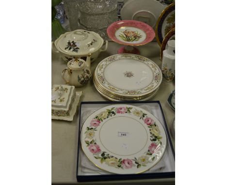 A Victorian Staffordshire ceramic comport decorated with flowers, picked out in gilt, Royal Doulton , Alton pattern plates, a